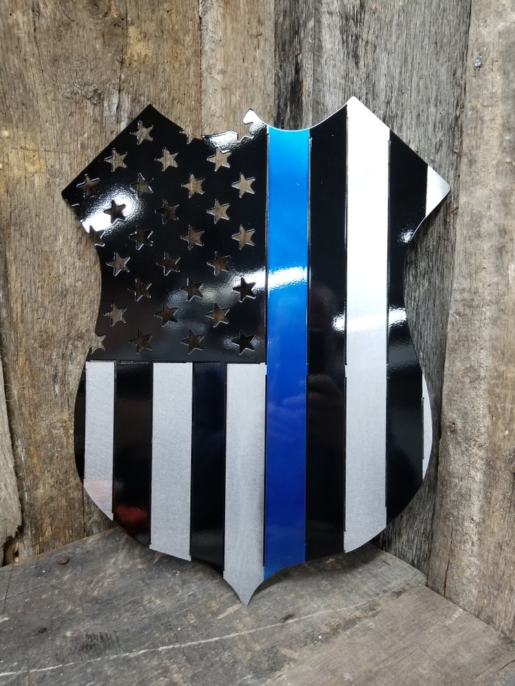 Policeman's Support Thin Blue Line Shield Flag Steel Sign